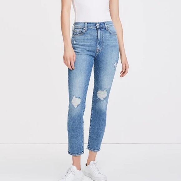 7 For All Mankind Denim - 7 For All Mankind HIGH WAIST ANKLE SKINNY Blue Distressed Ankle Jeans SZ 27